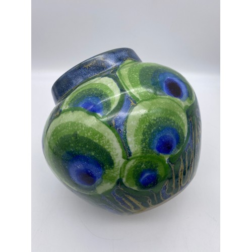 315A - JANICE TCHALENKO (1942-2018) FOR DARTINGTON POTTERY PEACOCK DESIGN BULBOUS VASE 19CM H