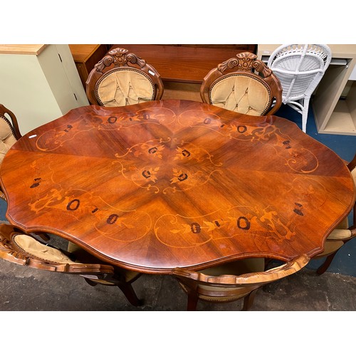 1 - ITALIAN TABLE WITH FOUR BUTTON BACK DINING CHAIRS AND TWO ARMCHAIRS