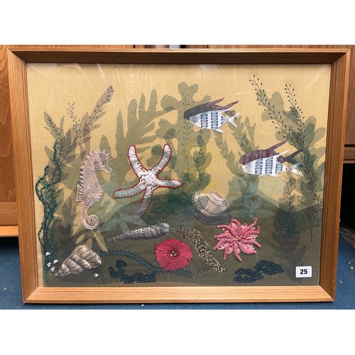 25 - FABRIC EMBROIDERED PICTURE OF SEALIFE FRAMED AND GLAZED, AND A SAMPLER