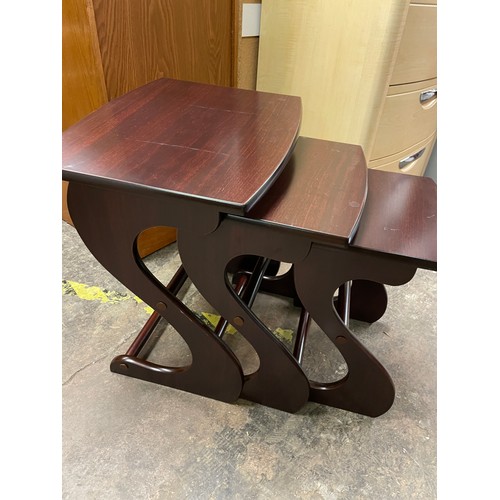 49 - DARK WOOD NEST OF THREE SWAN NECK TABLES