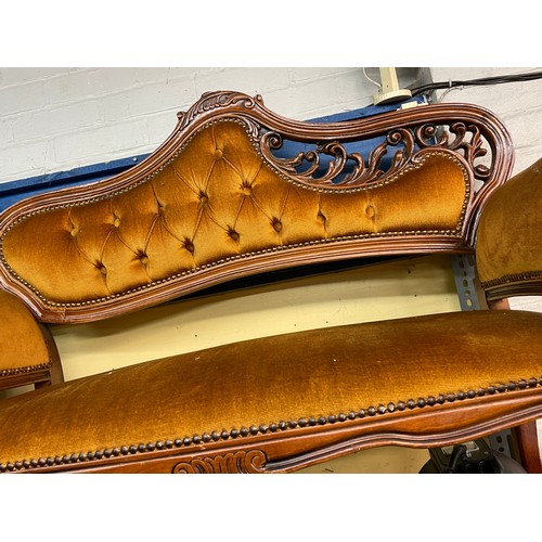 22 - VICTORIAN STYLE CARVED MAHOGANY BUTTONED BACK PARLOUR SUITE WITH TWO MATCHING CHAIRS