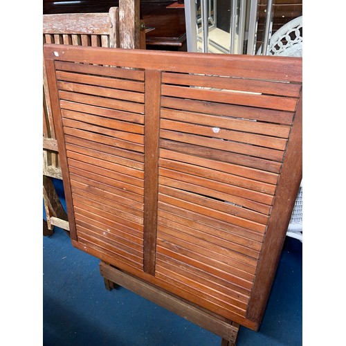 29 - TEAK GARDEN SLATTED TABLE AND PAIR OF MATCHING CHAIRS