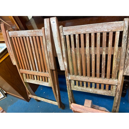 29 - TEAK GARDEN SLATTED TABLE AND PAIR OF MATCHING CHAIRS