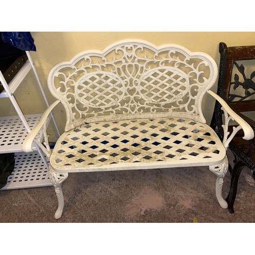 147 - WHITE PAINTED CAST IRON GARDEN BENCH WITH LATTICE DECORATION