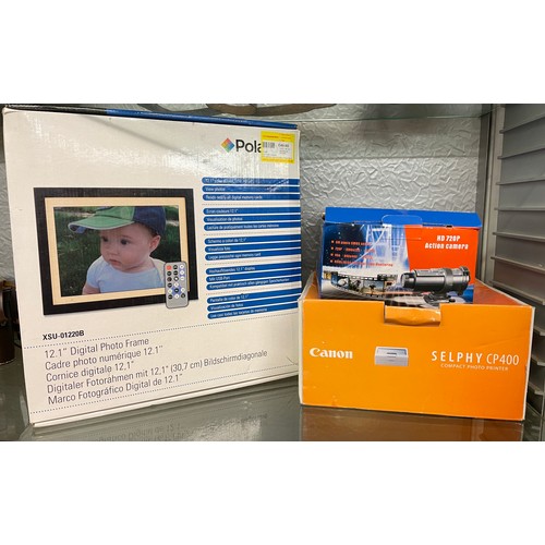 216 - BOXED POLAROID DIGITAL PHOTO FRAME, CANON SELPHY CP400 COMPACT PHOTO PRINTER AND A HD 720P ACTION CA... 