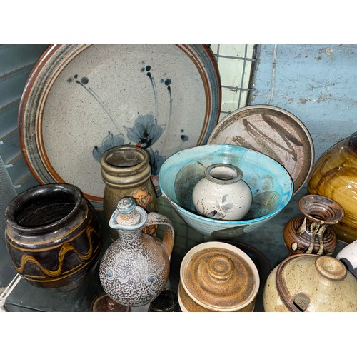 227 - SHELF OF STUDIO POTTERY INCLUDING BOWLS, TAPERED VASES, AND JUGS ETC.