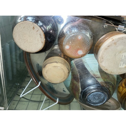 227 - SHELF OF STUDIO POTTERY INCLUDING BOWLS, TAPERED VASES, AND JUGS ETC.