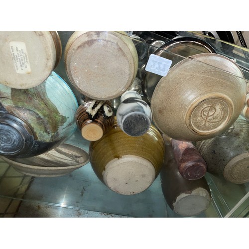 227 - SHELF OF STUDIO POTTERY INCLUDING BOWLS, TAPERED VASES, AND JUGS ETC.