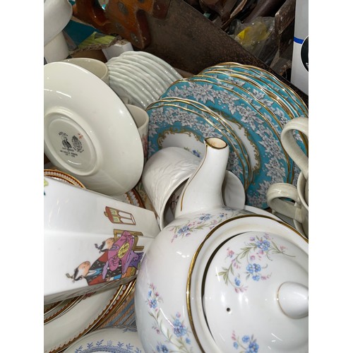 271 - CARTON CONTAINING ROYAL DOULTON BREADON HILL CUPS AND SAUCERS, ROYAL ALBERT ENCHANTMENT SAUCERS, WED... 