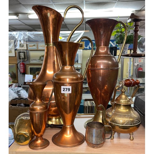 279 - SELECTION OF GRADUATED COPPER AND BRASS BANDED PITCHERS, BRASS KETTLE AND A PART ROCKING COFFEE WARM... 