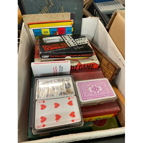 311 - TWO CARTONS OF PLAYING CARDS, DOMINOES AND VINTAGE BOARD GAMES INC. SCRABBLE, SNAKES AND LADDERS, ET... 