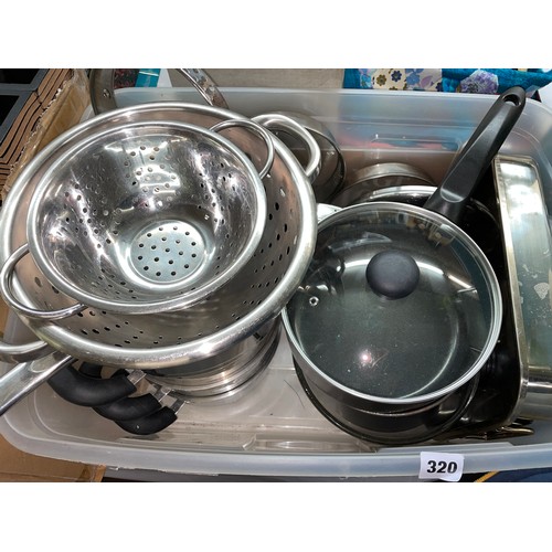 320 - BOX CONTAINING COLANDERS, STACKING STEAMER AND SAUCEPANS