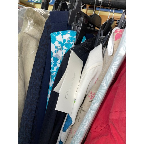 342 - AN ENTIRE RAIL OF BRAND NEW WITH TAGS LADIES CLOTHES IN VARIOUS SIZES, INCLUDING JACKETS, SKIRTS, AN... 