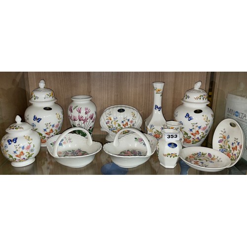 353 - SHELF OF AYNSLEY COTTAGE GARDEN JARS AND COVERS, SHELL VASE, PIN DISHES, AND A PAIR OF COALPORT MAYF... 