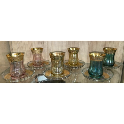 355 - SIX PIECE GLASS AND GILT TURKISH TEA CUPS AND SAUCERS