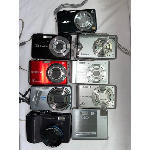 356 - SHELF OF DIGITAL CAMERAS INCLUDING OLYMPUS, MINOLTA DIMMAGE XI, CASIO EXILIM, AND A PANASONIC ELUMIX... 