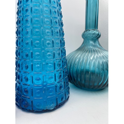 255 - WHITEFRIARS KINGFISHER BLUE TRICORN #9570 VASE, PAIR OF EMPOLI BOTTLES AND A STUDDED GENIE BOTTLE