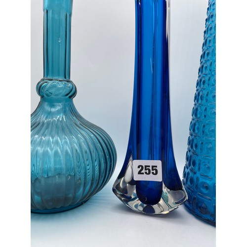 255 - WHITEFRIARS KINGFISHER BLUE TRICORN #9570 VASE, PAIR OF EMPOLI BOTTLES AND A STUDDED GENIE BOTTLE