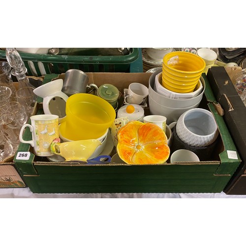 268 - CARTON CONTAINING VARIOUS PLANTERS, POTTERY MUGS, AND A CARTON OF CUT AND ETCHED COLOURED GLASSWARE