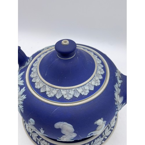 411 - WEDGWOOD COBALT BLUE JASPER WARE NEO CLASSICAL TEAPOT AND STAND