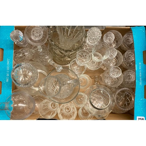 259 - CARTON OF MIXED GLASSWARE INCLUDING VASES, SHERRY GLASSES, DECANTERS, AND CANDLE HOLDER ETC.