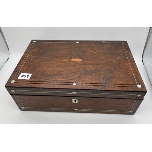 451 - 19TH CENTURY ABALONE INLAID ROSEWOOD WRITING BOX, AS FOUND