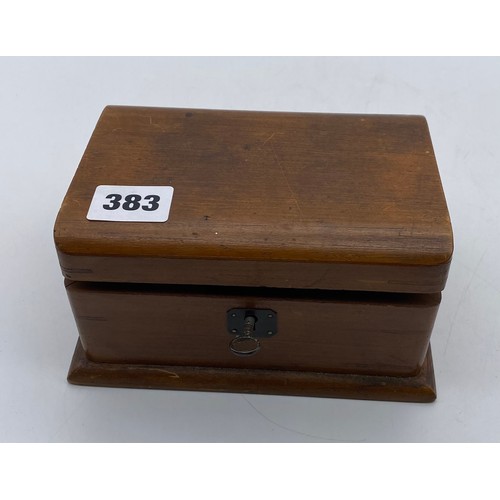 383 - SMALL OAK CASKET CONTAINING VARIOUS COINS AND CURRENCY