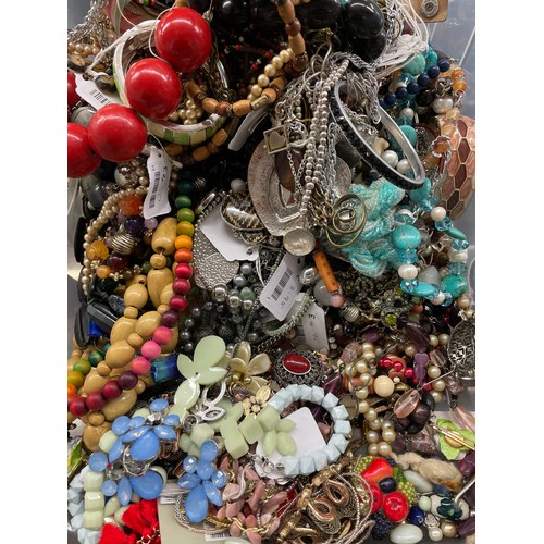 432 - QUANTITY OF COSTUME JEWELLERY - BEAD NECKLACES, CHAINS, EARRINGS, ETC (BOX NOT INCLUDED)