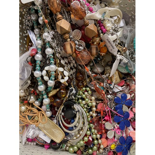 431 - QUANTITY OF COSTUME JEWELLERY - BEAD NECKLACES, CHAINS, EARRINGS, ETC (BOX NOT INCLUDED)