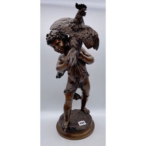 448 - FRENCH BRONZE STATUE OF AN INFANT WITH A ROOSTER SIGNED BY LAPORTE