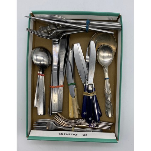 425 - TRAY OF WEDGWOOD CUTLERY, ONEIDA CRAFT DELUXE CUTLERY, AND FALSTAFF SILVER PLATED CHERUB FORKS