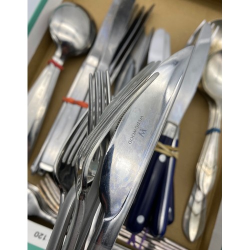 425 - TRAY OF WEDGWOOD CUTLERY, ONEIDA CRAFT DELUXE CUTLERY, AND FALSTAFF SILVER PLATED CHERUB FORKS