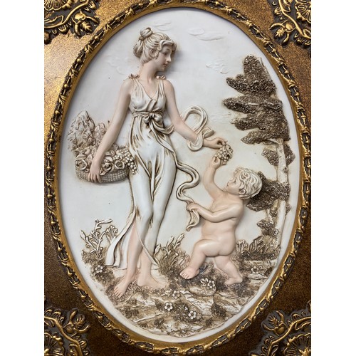 456 - REPRODUCTION BAS RELIEF OVAL PANEL OF NEO CLASSICAL FIGURES IN DECORATIVE GILT STYLE