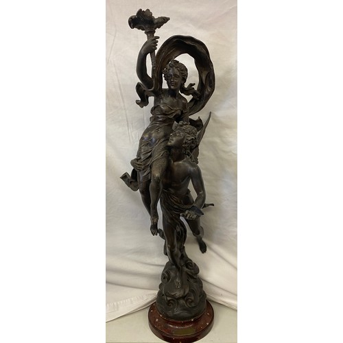 447 - 19TH CENTURY BRONZED PATINATED SPELTER ELECTROLIER GROUP ON ROUGE MARBLE SOCLE A/F height 88cm