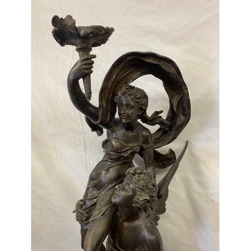 447 - 19TH CENTURY BRONZED PATINATED SPELTER ELECTROLIER GROUP ON ROUGE MARBLE SOCLE A/F height 88cm