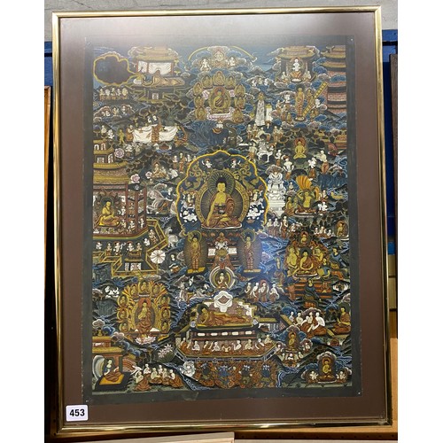 453 - GILT FINISHED THANGKA PAINTING FRAMED AND GLAZED