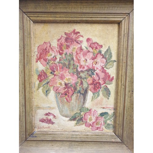 467 - THREE SMALL OILS ON BOARD STILL LIFE OF FLOWERS SIGNED JOHN FUNNELL