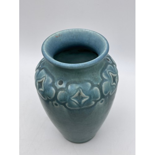 493 - AMERICAN ROOK WOOD POTTERY SUNFLOWER VASE BLUE CIRCA 1920S IMPRESSED MARK AND NUMERALS TO BASE 2109