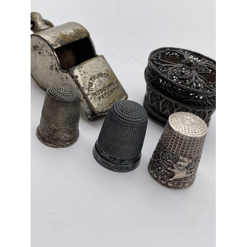 508 - BIRMINGHAM SILVER THIMBLE, ONE OTHER, WIRE WORK FILIGREE BASKET, THUNDERER WHISTLE