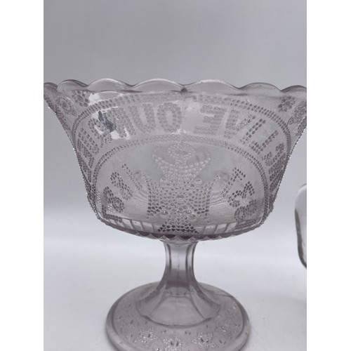 498 - VICTORIAN PRESSED GLASS QUEEN VICTORIA JUBILEE PEDESTAL BOWL AND JUG 1837-1887