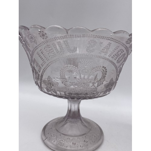 498 - VICTORIAN PRESSED GLASS QUEEN VICTORIA JUBILEE PEDESTAL BOWL AND JUG 1837-1887