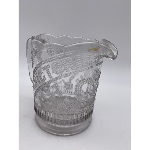 498 - VICTORIAN PRESSED GLASS QUEEN VICTORIA JUBILEE PEDESTAL BOWL AND JUG 1837-1887