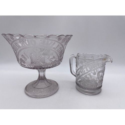 498 - VICTORIAN PRESSED GLASS QUEEN VICTORIA JUBILEE PEDESTAL BOWL AND JUG 1837-1887