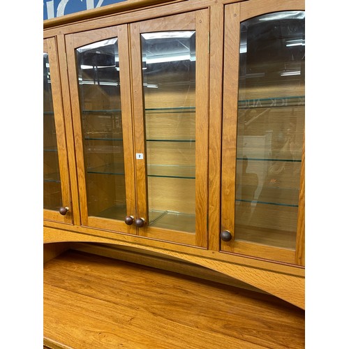 2 - LIGHT OAK LARGE DRESSER WITH GLAZED CUPBOARD TOP