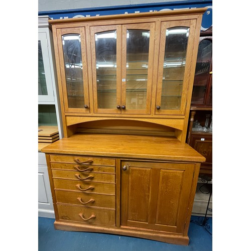 2 - LIGHT OAK LARGE DRESSER WITH GLAZED CUPBOARD TOP