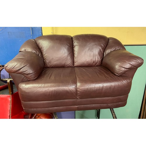 52 - CHERRY LEATHER TWO SEATER SOFA