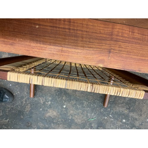 91 - DANISH TRIOH SQUARE SECTION TEAK LOW TABLE WITH CANED UNDERTIER