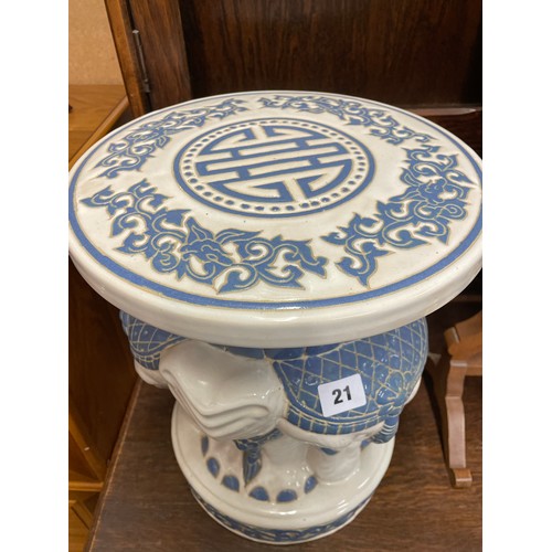 21 - BLUE AND WHITE CERAMIC ELEPHANT STOOL