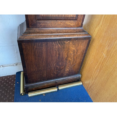 109 - 19TH CENTURY OAK AND MAHOGANY CROSS BANDED AND INLAID CLOCK CASE WITH CONTEMPORARY BRASS ARCHED STRI... 