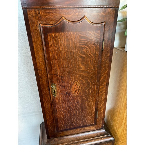 109 - 19TH CENTURY OAK AND MAHOGANY CROSS BANDED AND INLAID CLOCK CASE WITH CONTEMPORARY BRASS ARCHED STRI... 